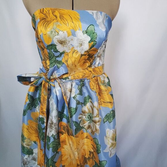 NWT New York & Co Women's Dress Medium Blue Yellow Floral Midi Pockets Strapless - Picture 7 of 11